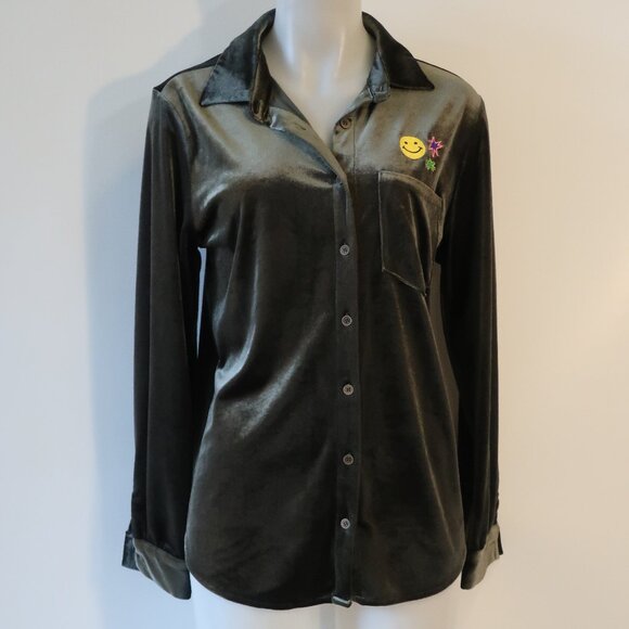 NWT Womens Romi Basha Cosmic Green Multicolor Boho Chic Velvet Shirt Top M - Picture 1 of 11
